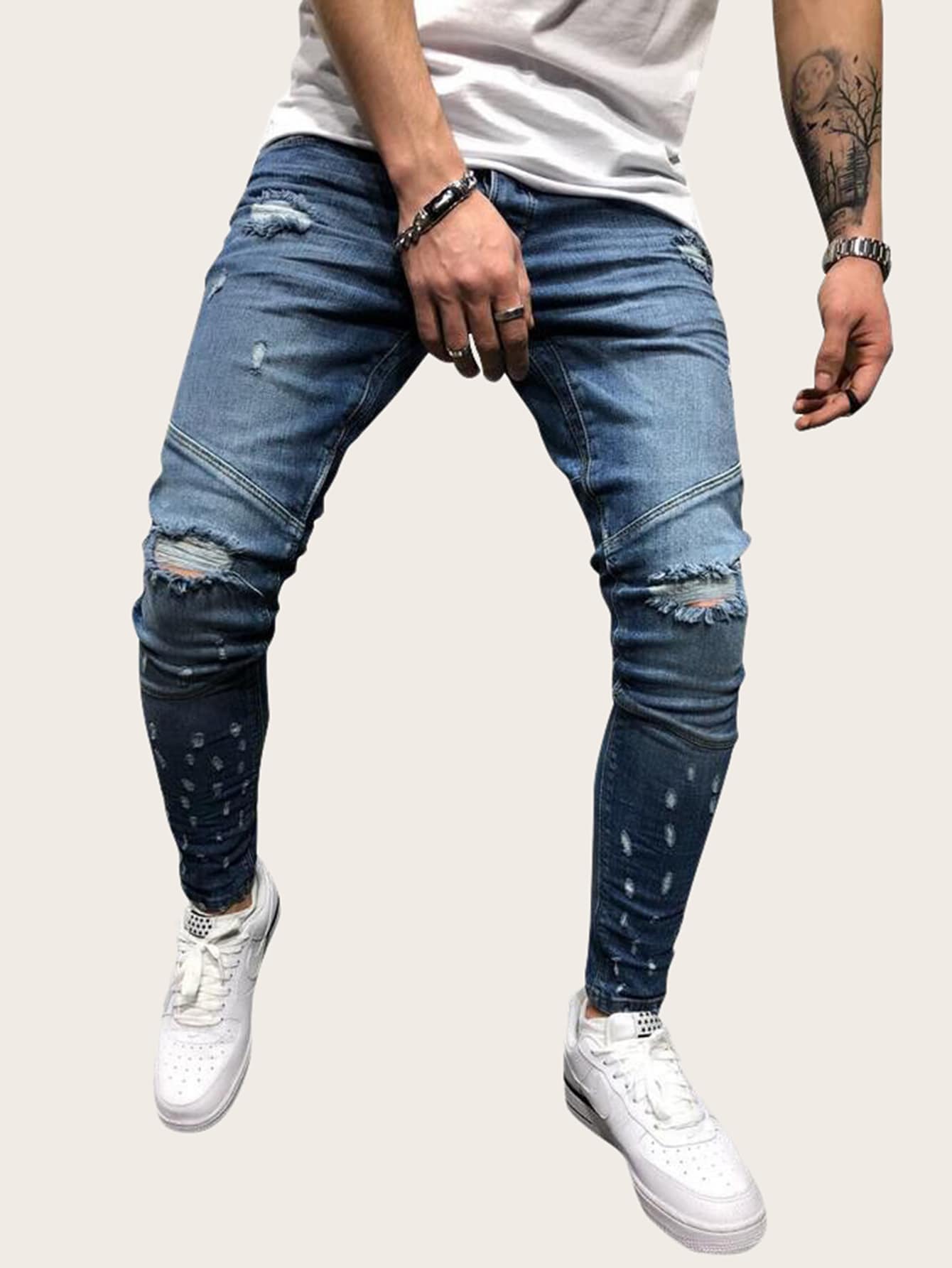 Men Ripped Raw Hem Skinny Jeans