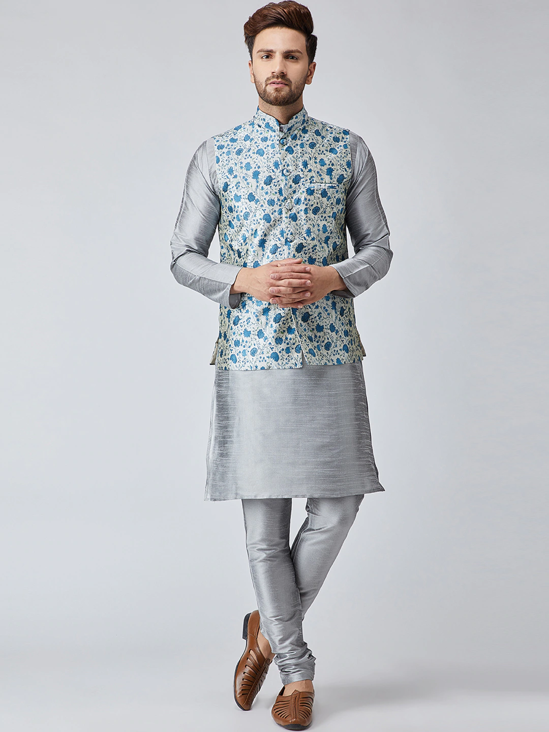 Men Self Design Kurta with Churidar & Jacket