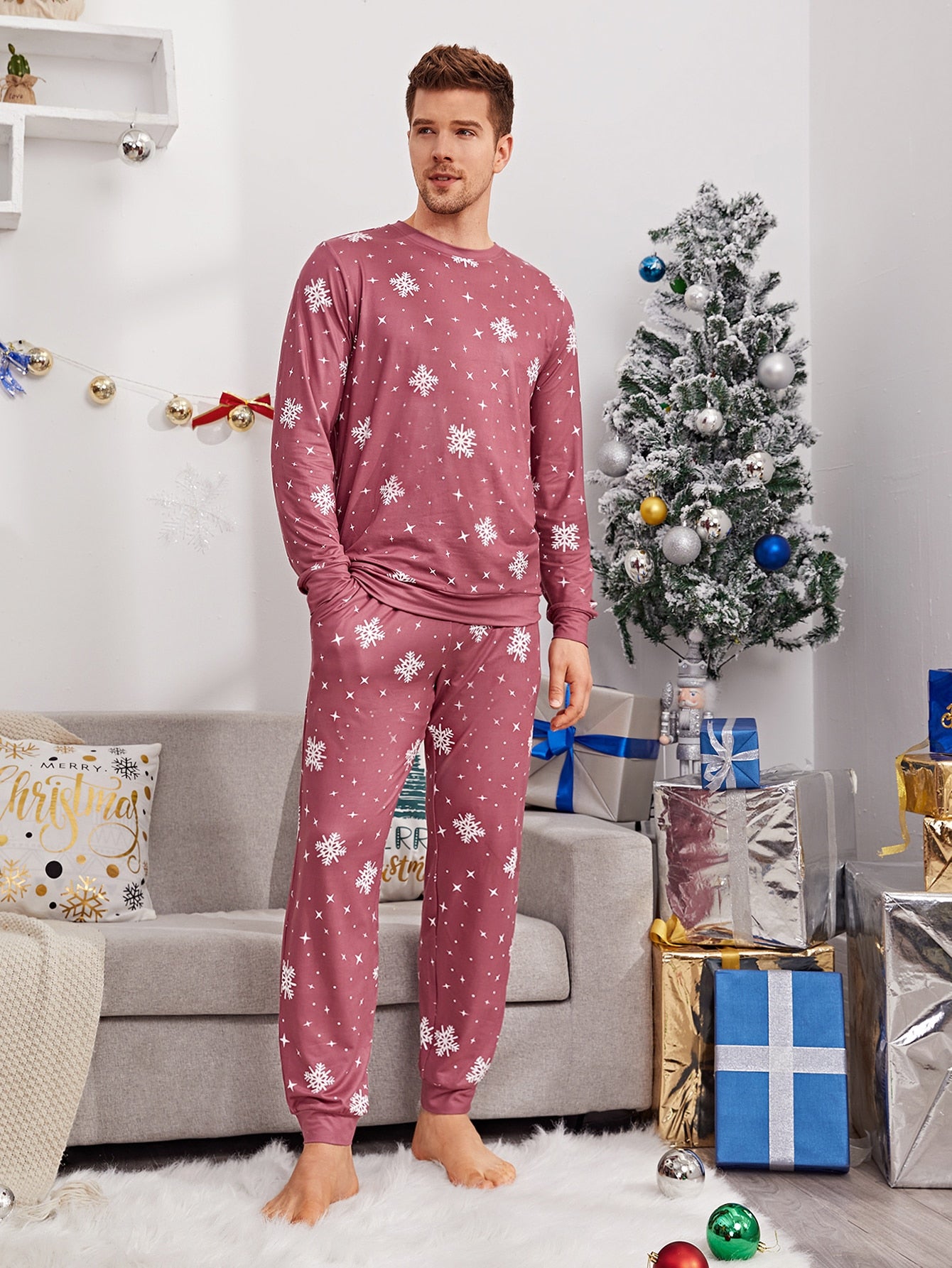 Men Snowflake Print Top & Pants PJ Set