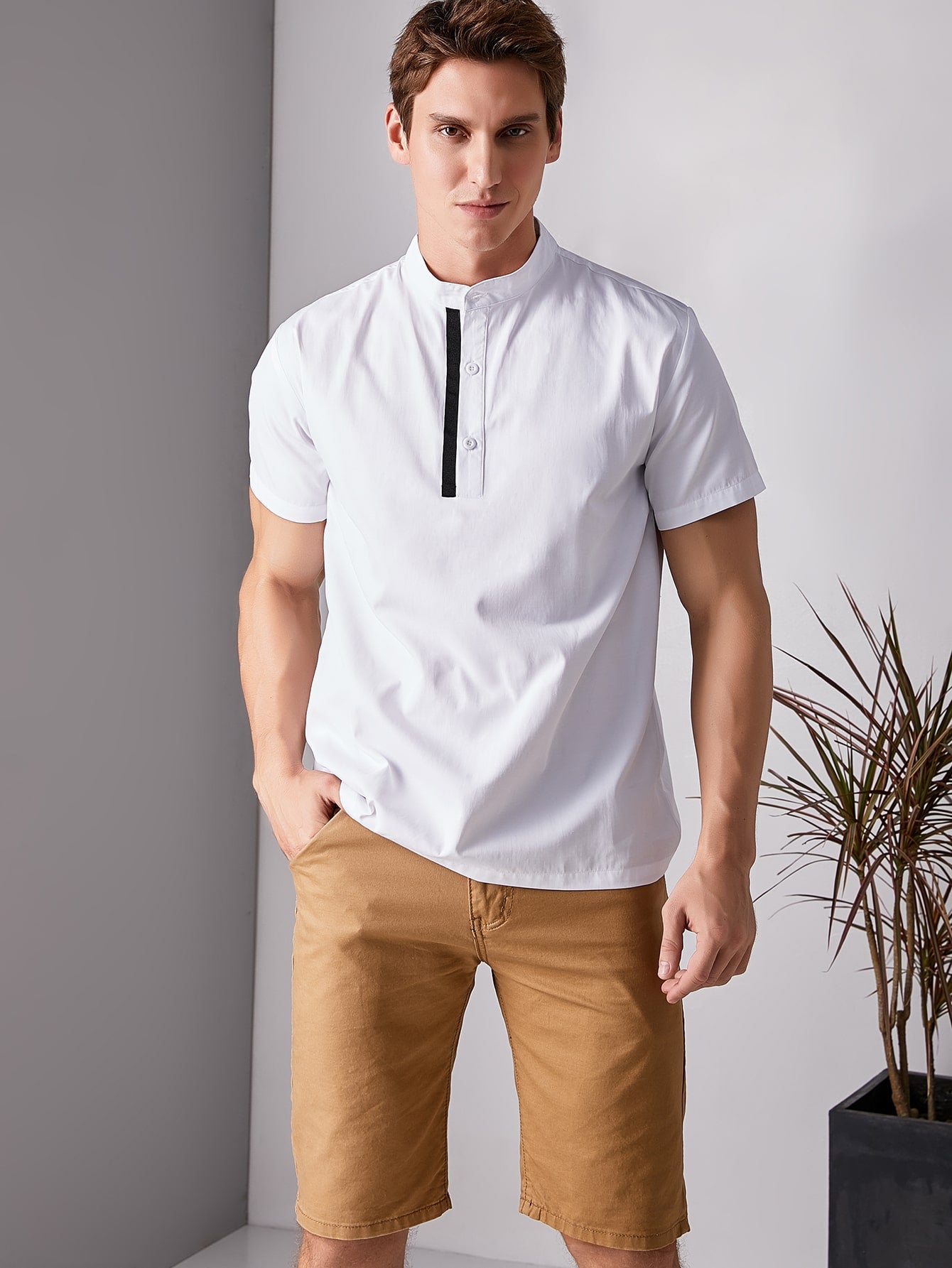 Men Stand Collar Contrast Tape Half Placket Shirt