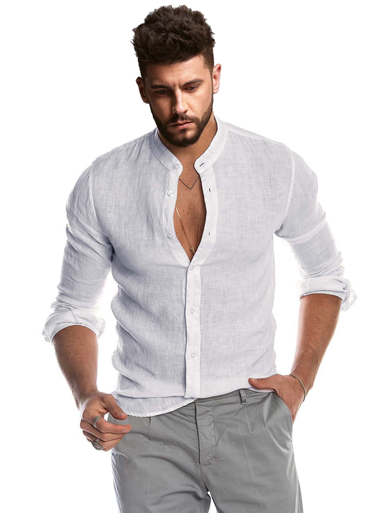 Men Stand Neck Button Up Shirt