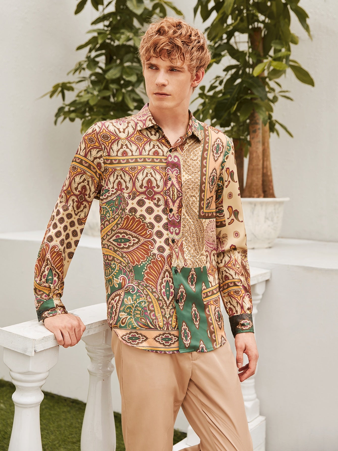 Men Tribal Print Patchwork Shirt