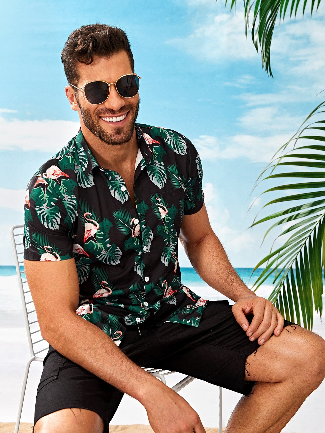 Men Tropical & Flamingo Print Shirt