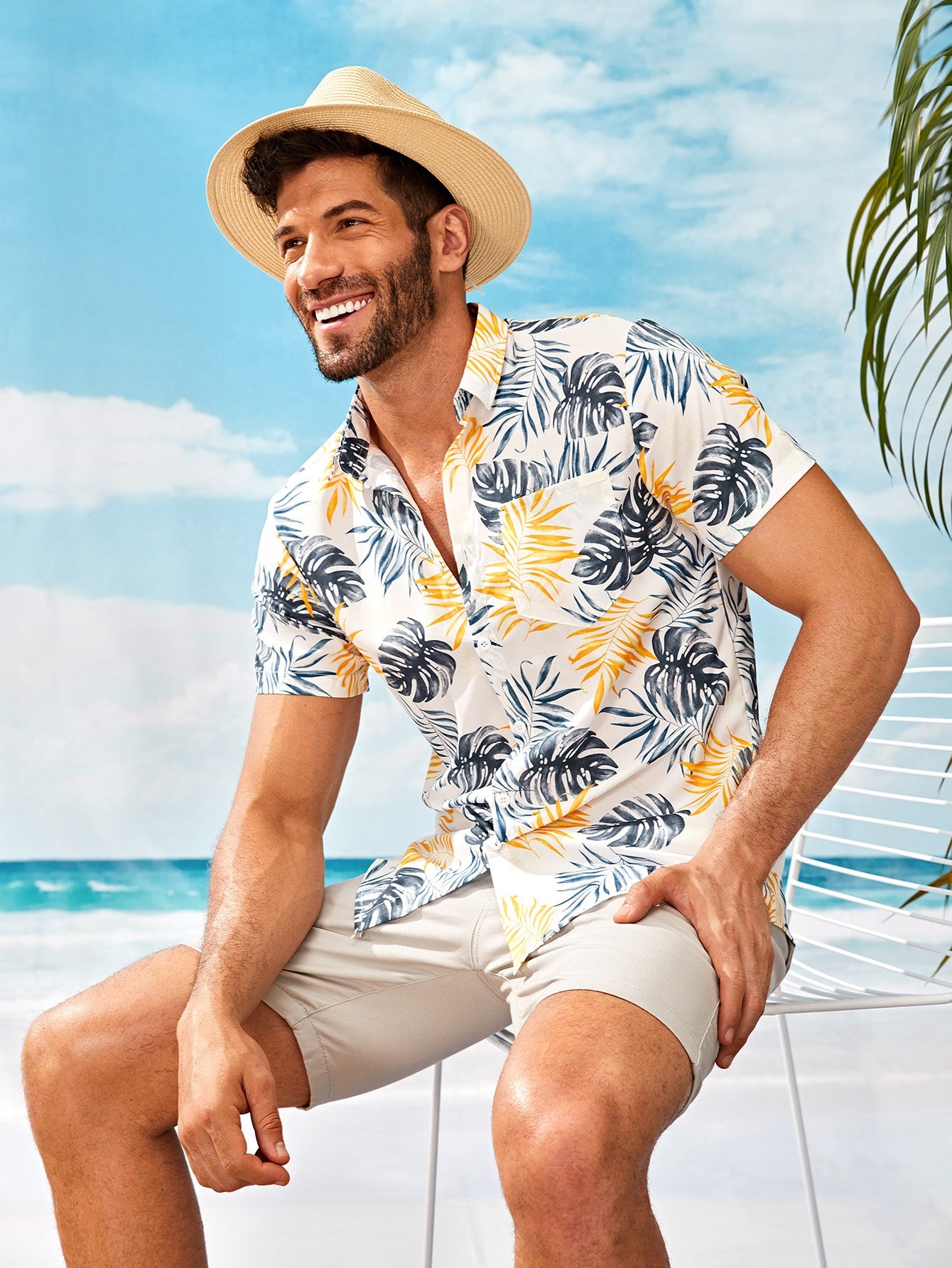 Men Tropical Print Curved Hem Shirt