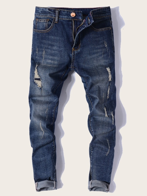 Men Zip Fly Ripped Washing Skinny Jeans