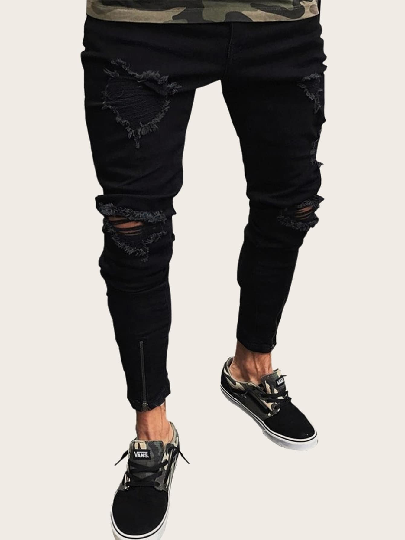 Men Zip Hem Ripped Skinny Jeans