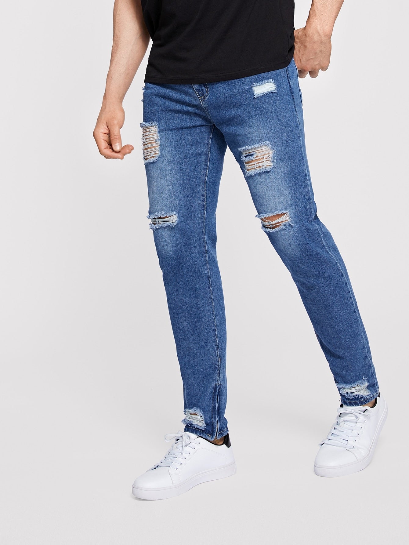 Men Zip Hem Ripped Wash Jeans