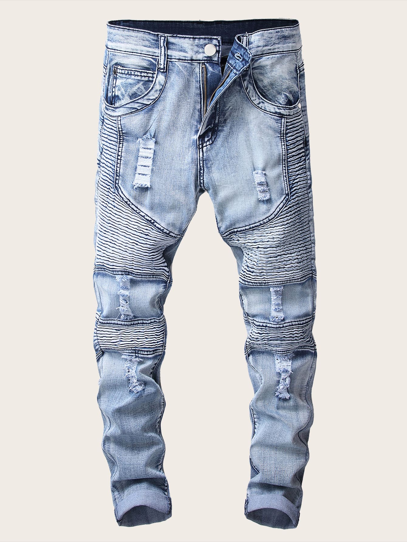 Men Zipper Ripped Washed Jeans