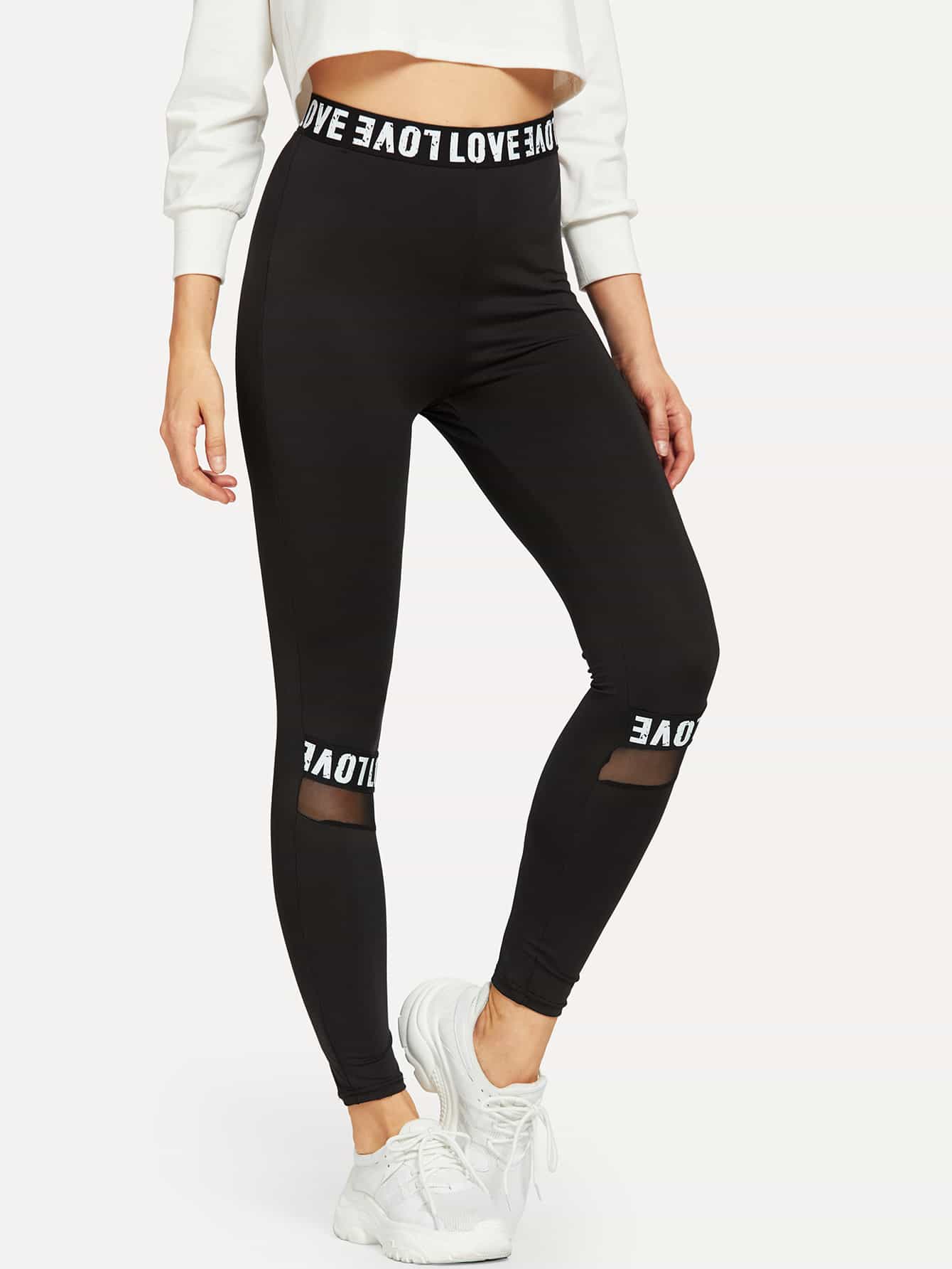 Mesh Insert Letter Tape Leggings