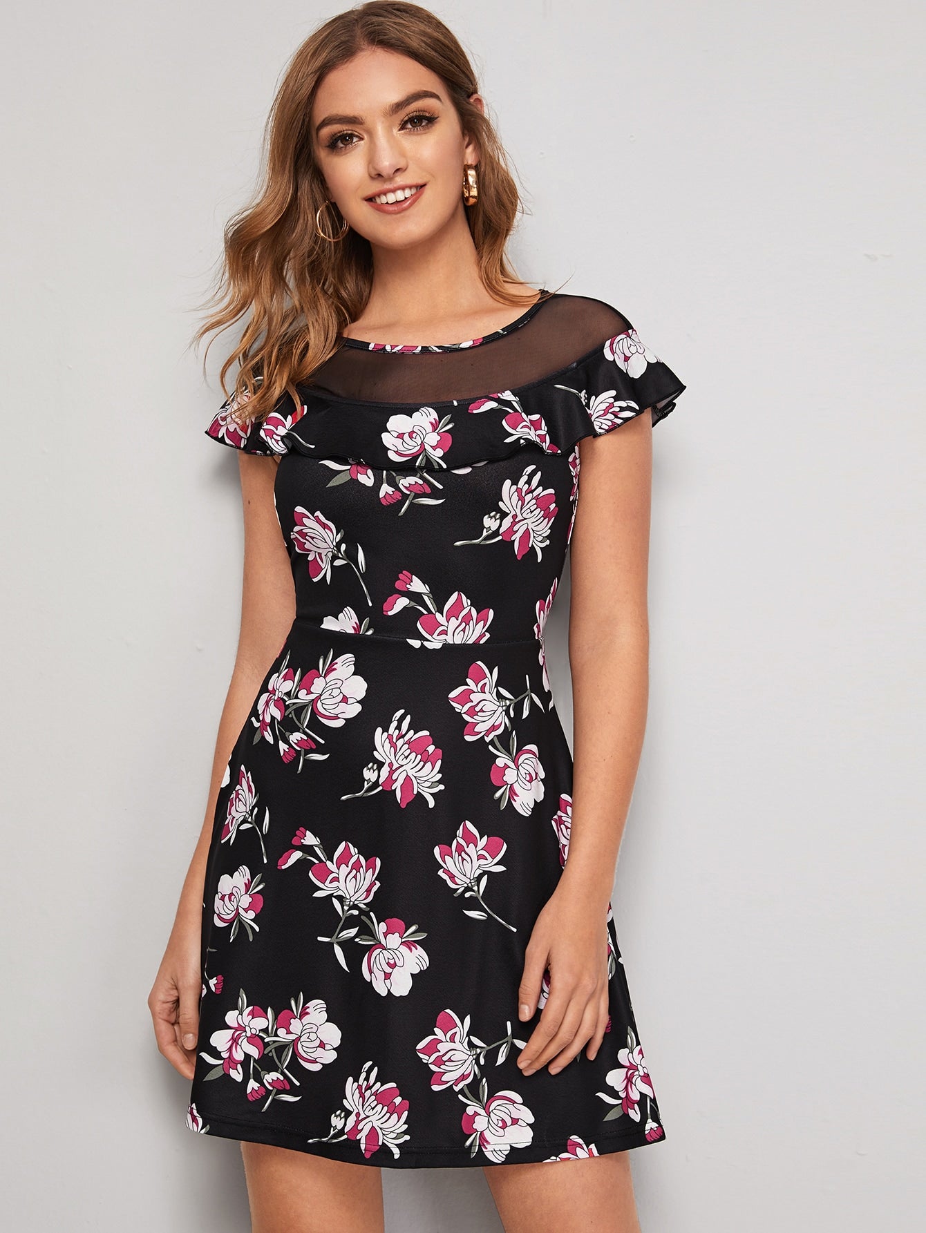 Mesh Insert Ruffle Detail Floral Dress