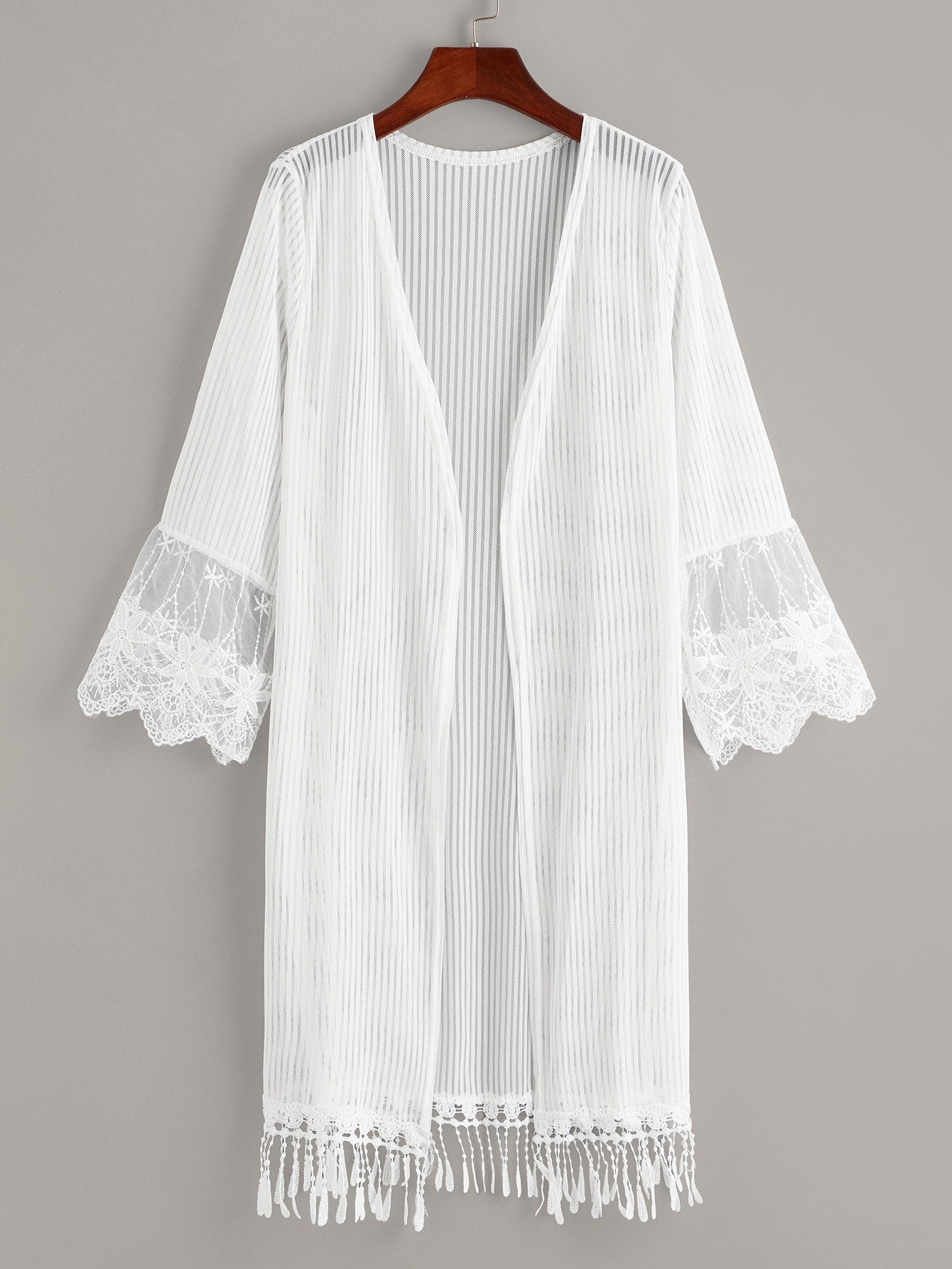 Mesh Lace Panel Fringe Hem Sheer Kimono