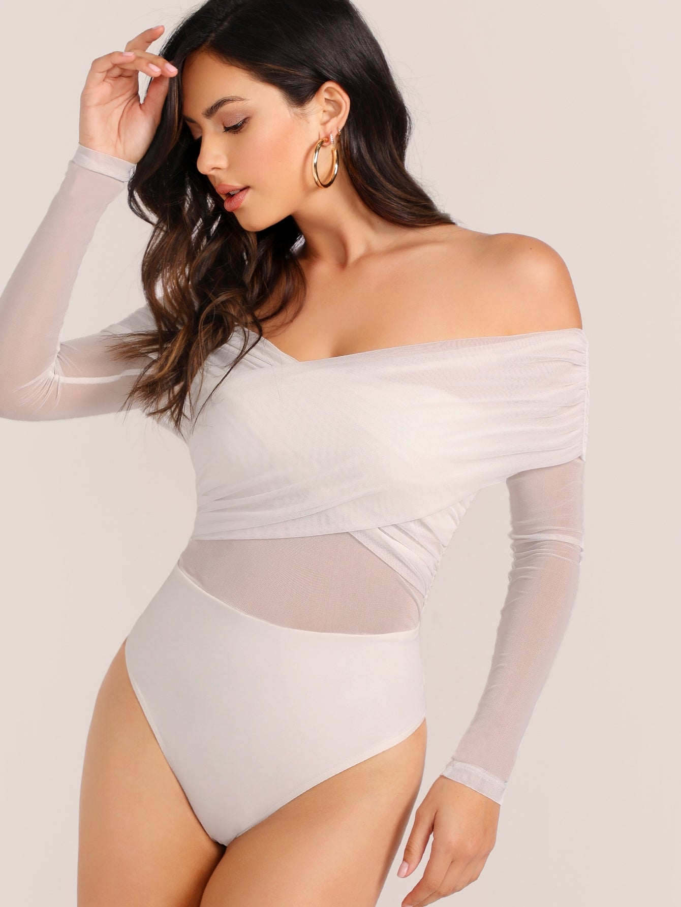 Mesh Overlay Cross Wrap Solid Bodysuit