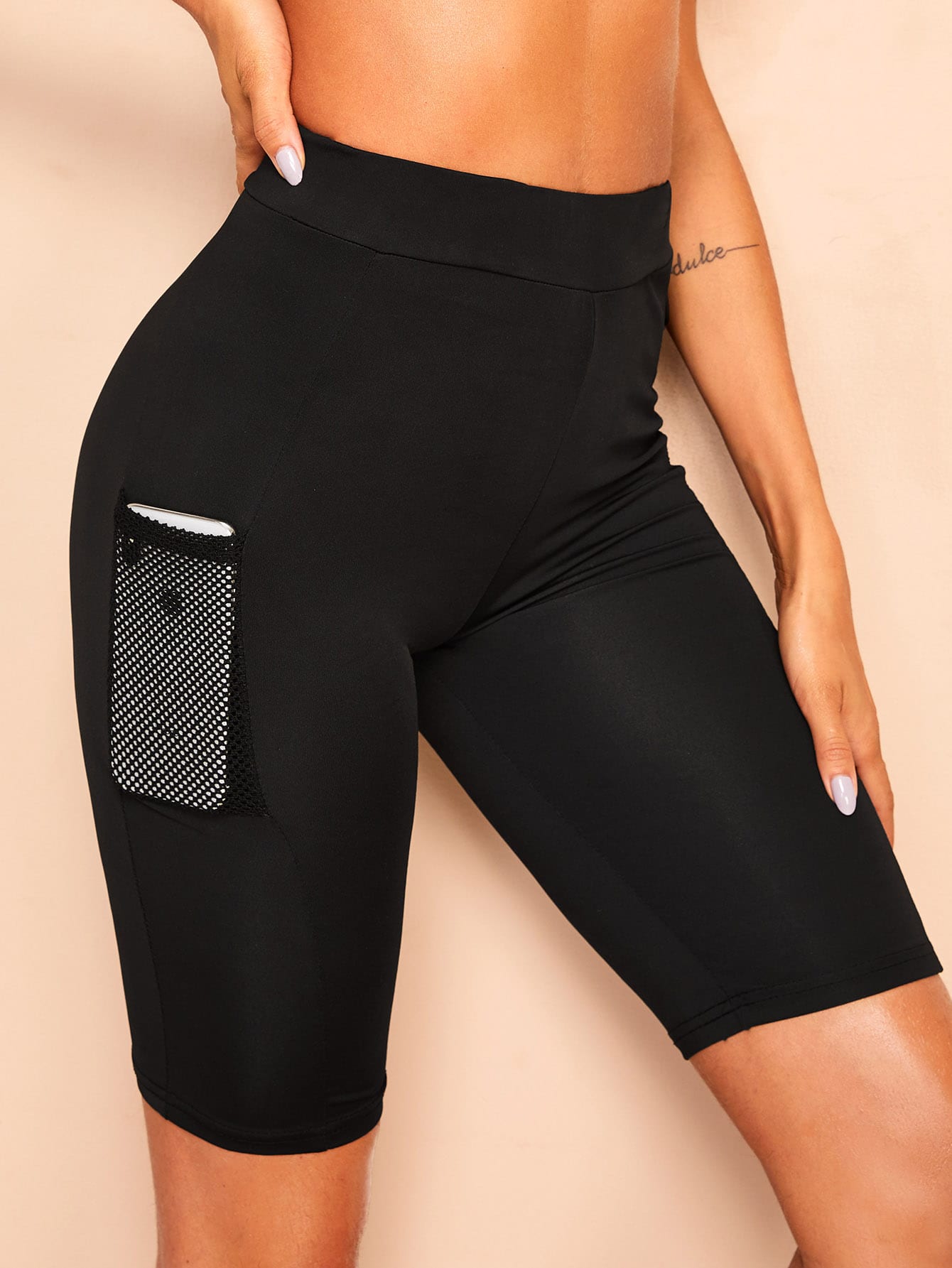 Mesh Pocket Patched Solid Skinny Leggings Shorts