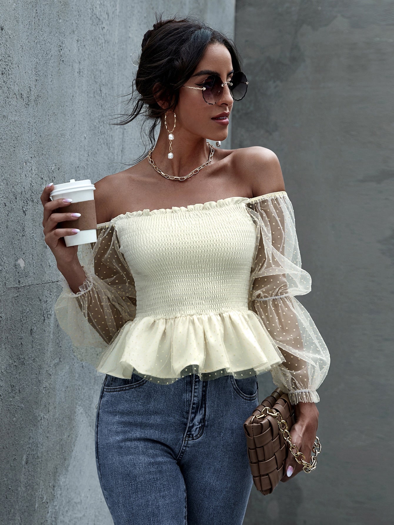 Mesh Sleeve Shirred Bardot Peplum Top