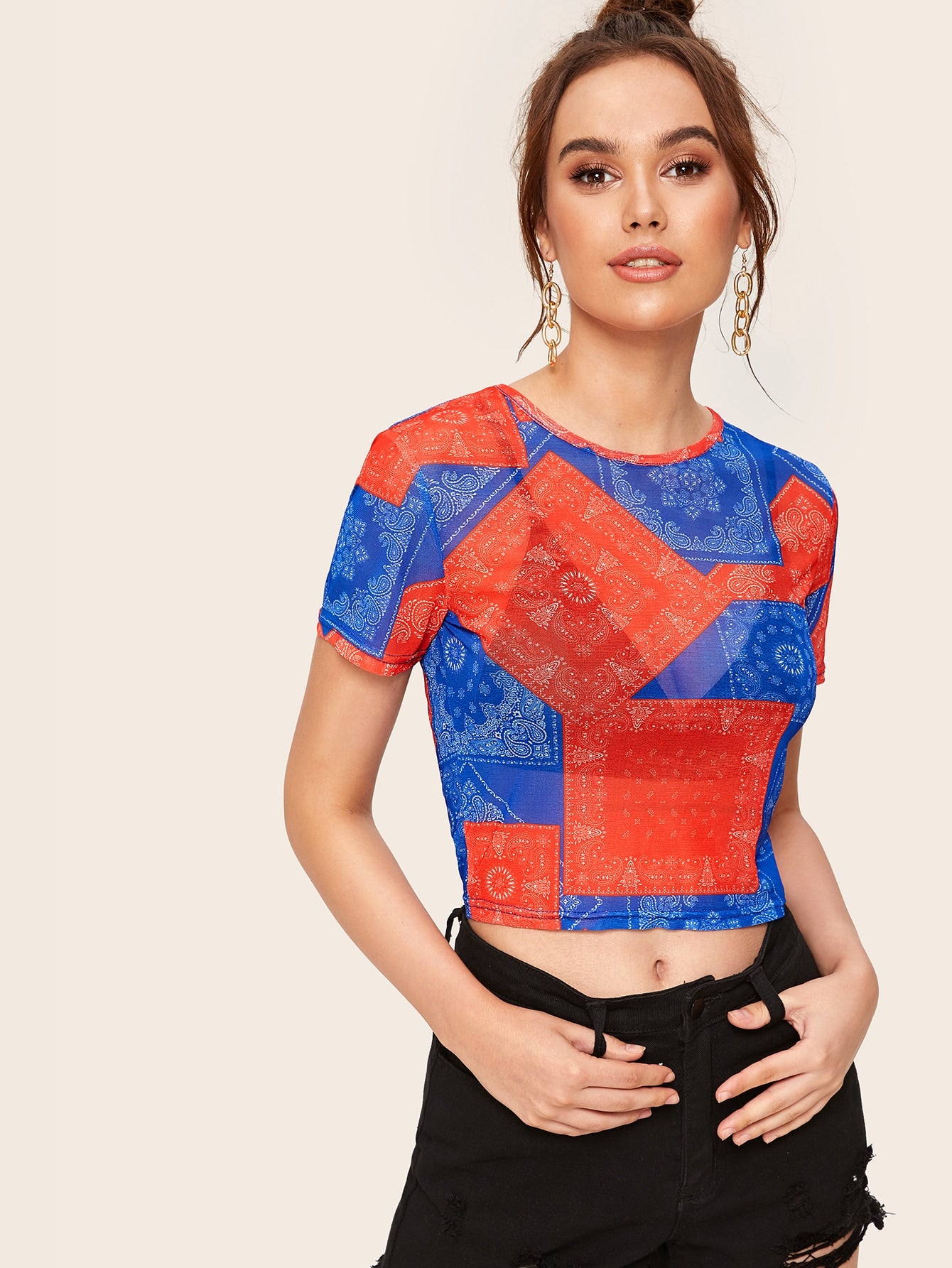 Mesh Tribal Print Sheer Tee Without Bra