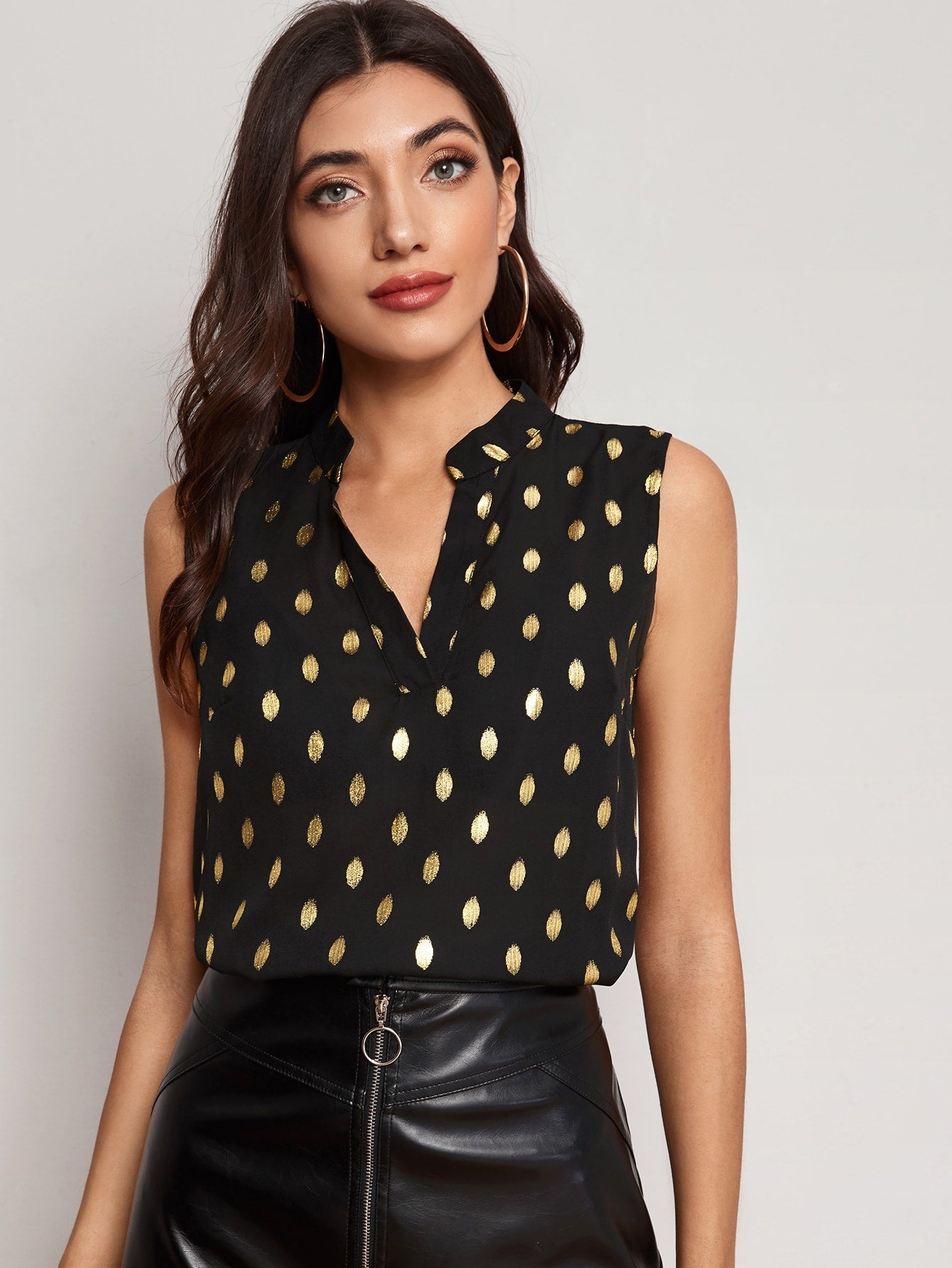 Metallic Polka Dot Notched Neck Sleeveless Blouse