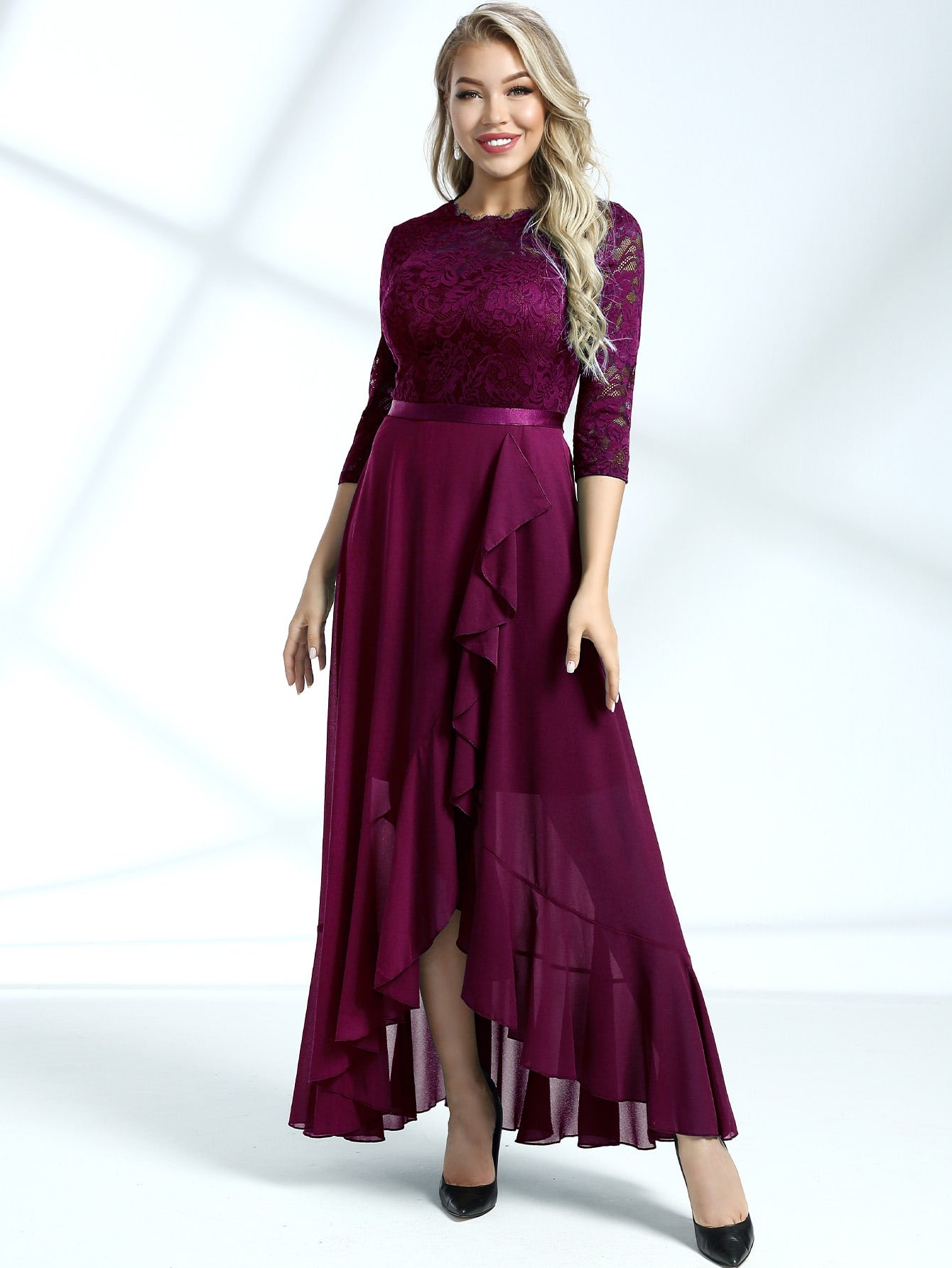 Miusol Lace Bodice Ruffle Trim Wrap Prom Dress