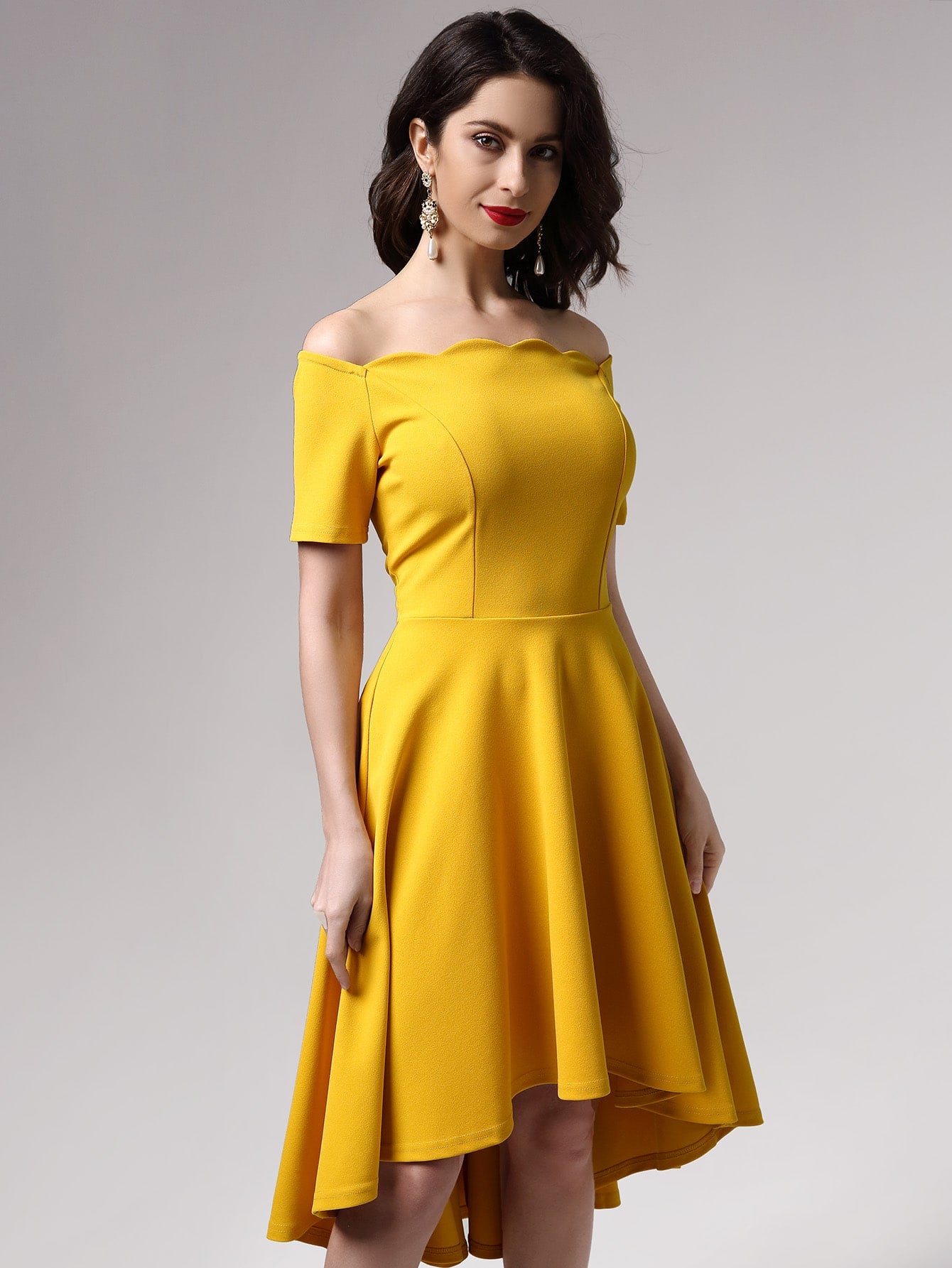 Miusol Scalloped Off Shoulder High Low Skater Dress