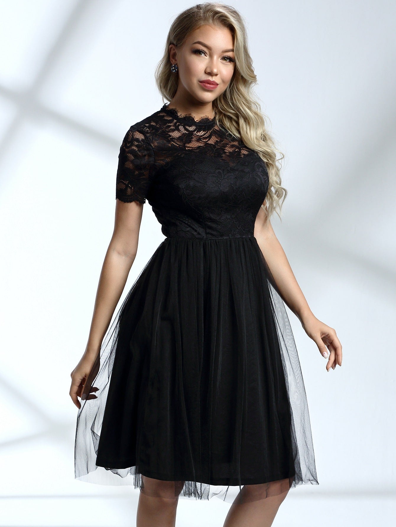 Zip Back Lace Bodice Mesh Dress