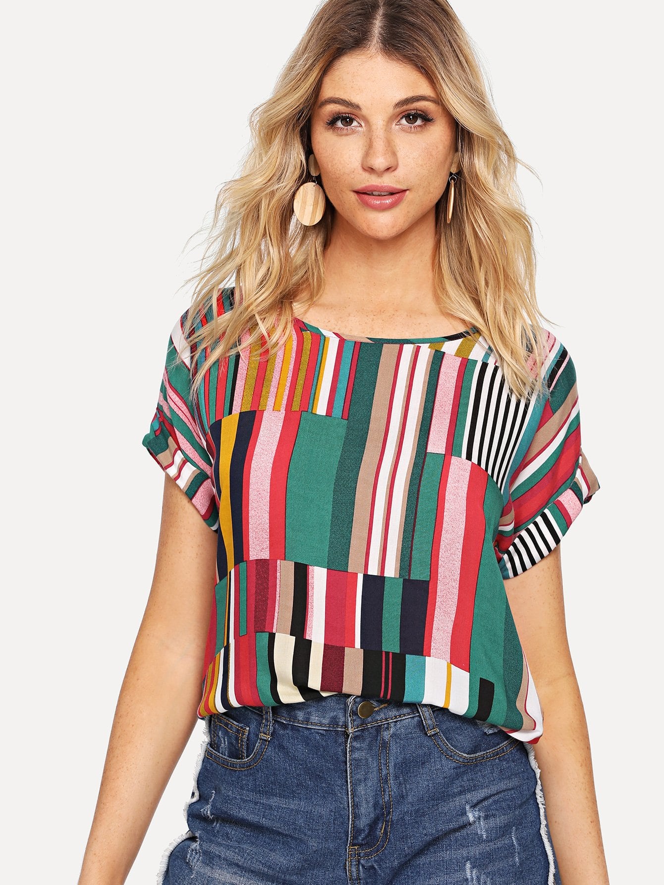 Mix Striped Rolled Up Sleeve Top