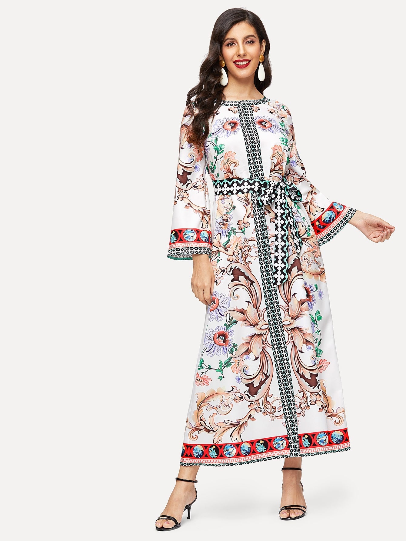 Mixed Print Bell Sleeve Self Belted Hijab Dress