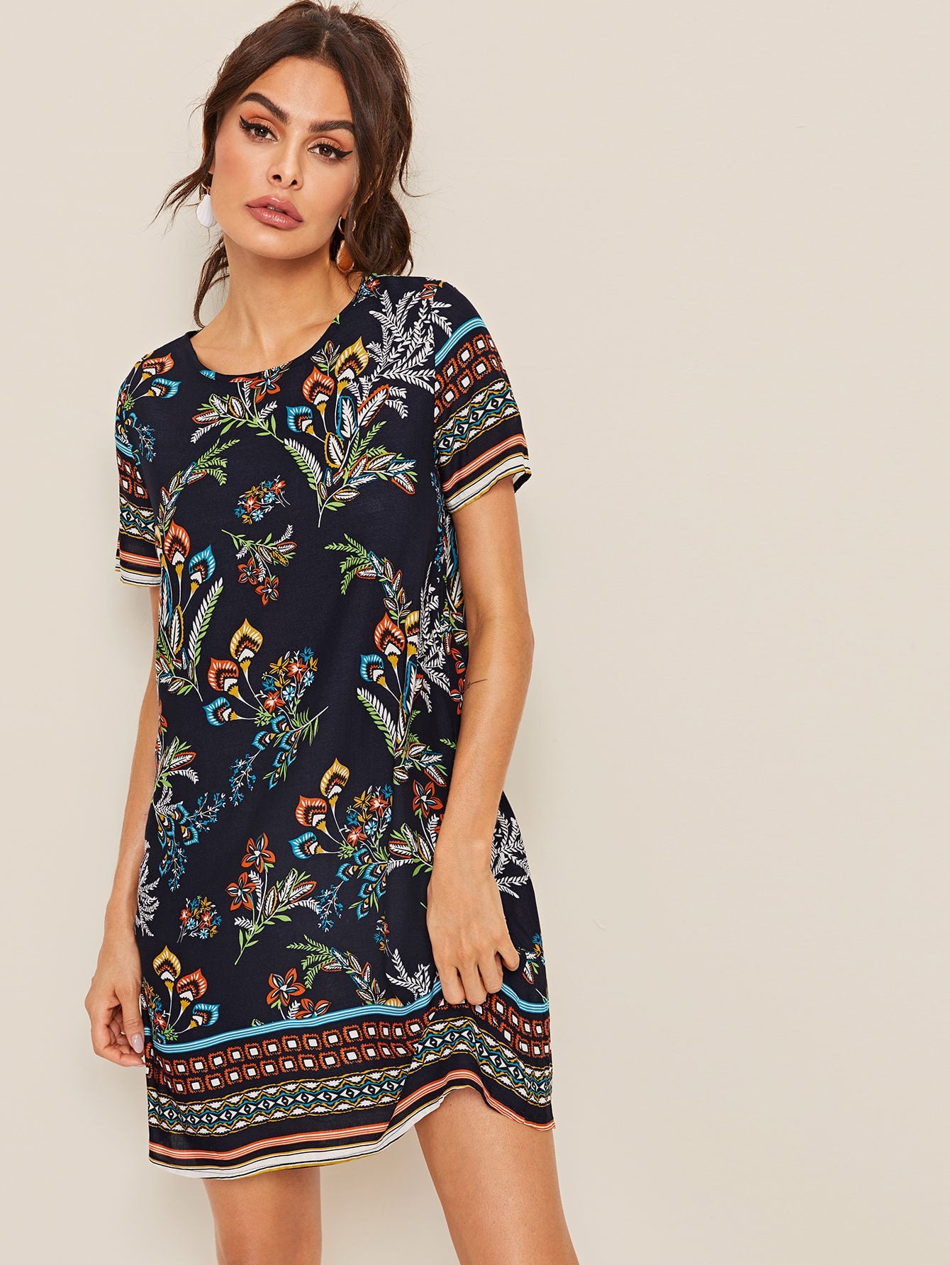 Mixed Print Keyhole Back Dress