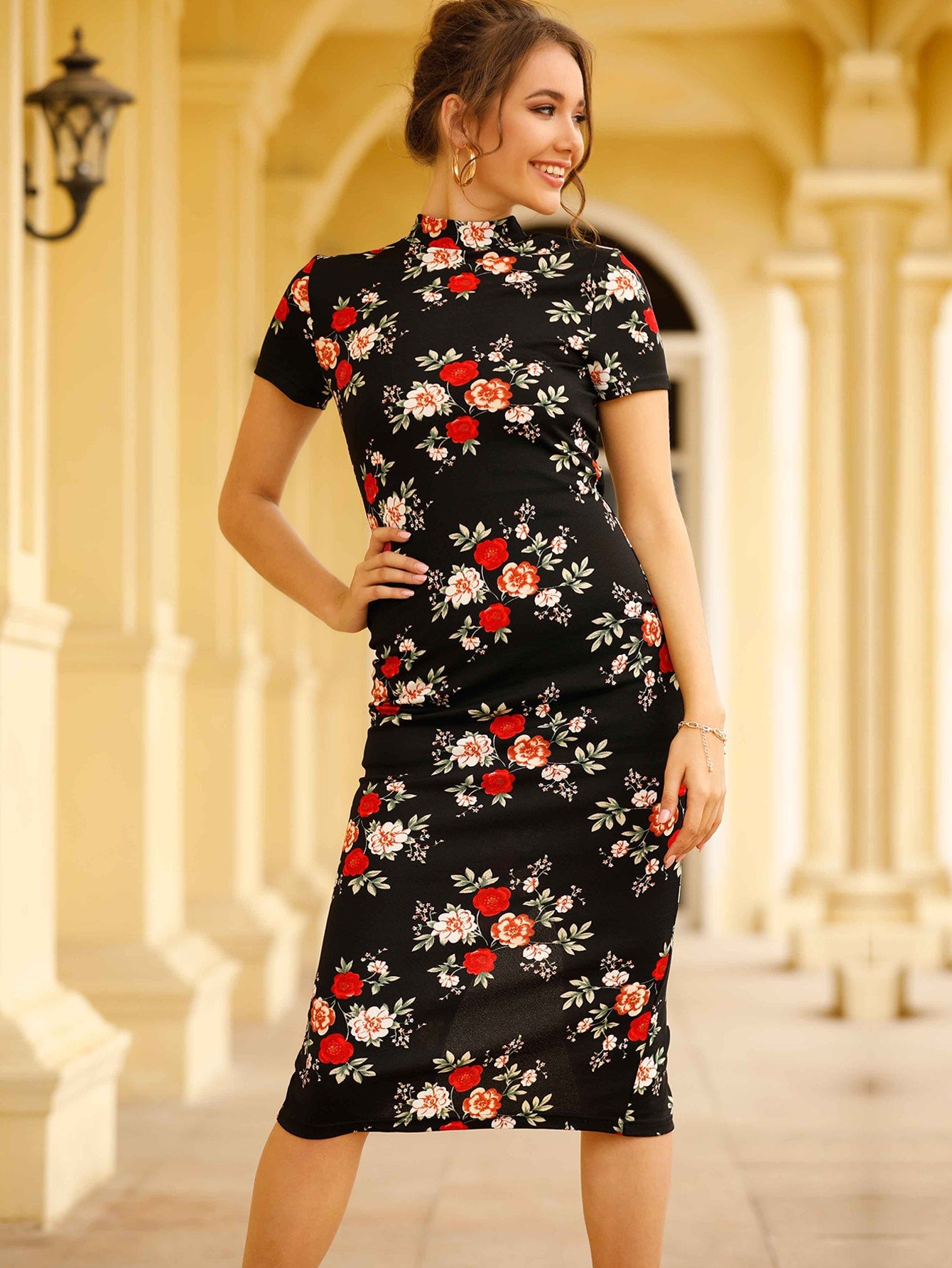 Mock Neck Allover Floral Split Fitted Dress