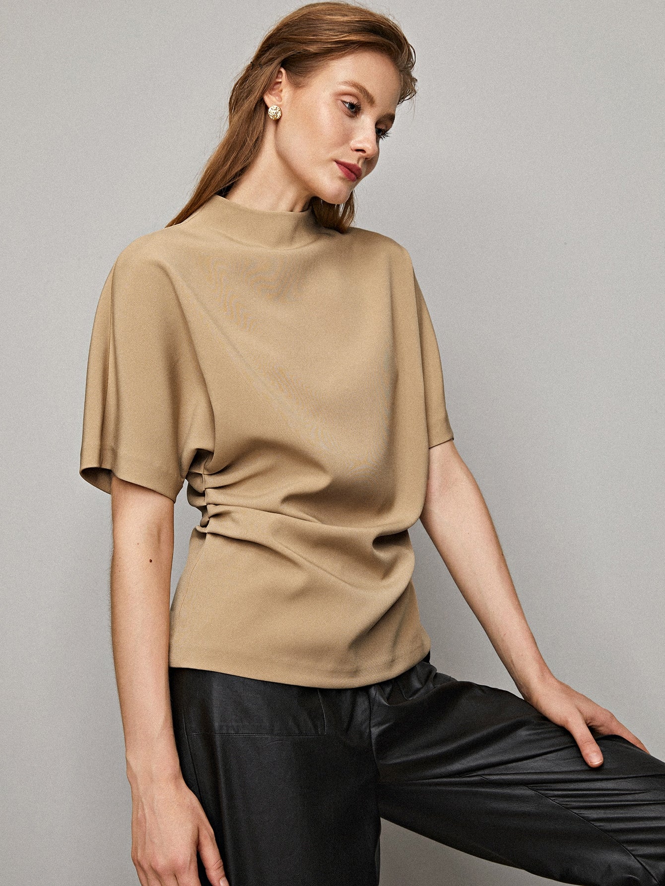 Mock-Neck Batwing Sleeve Gathered Side Top