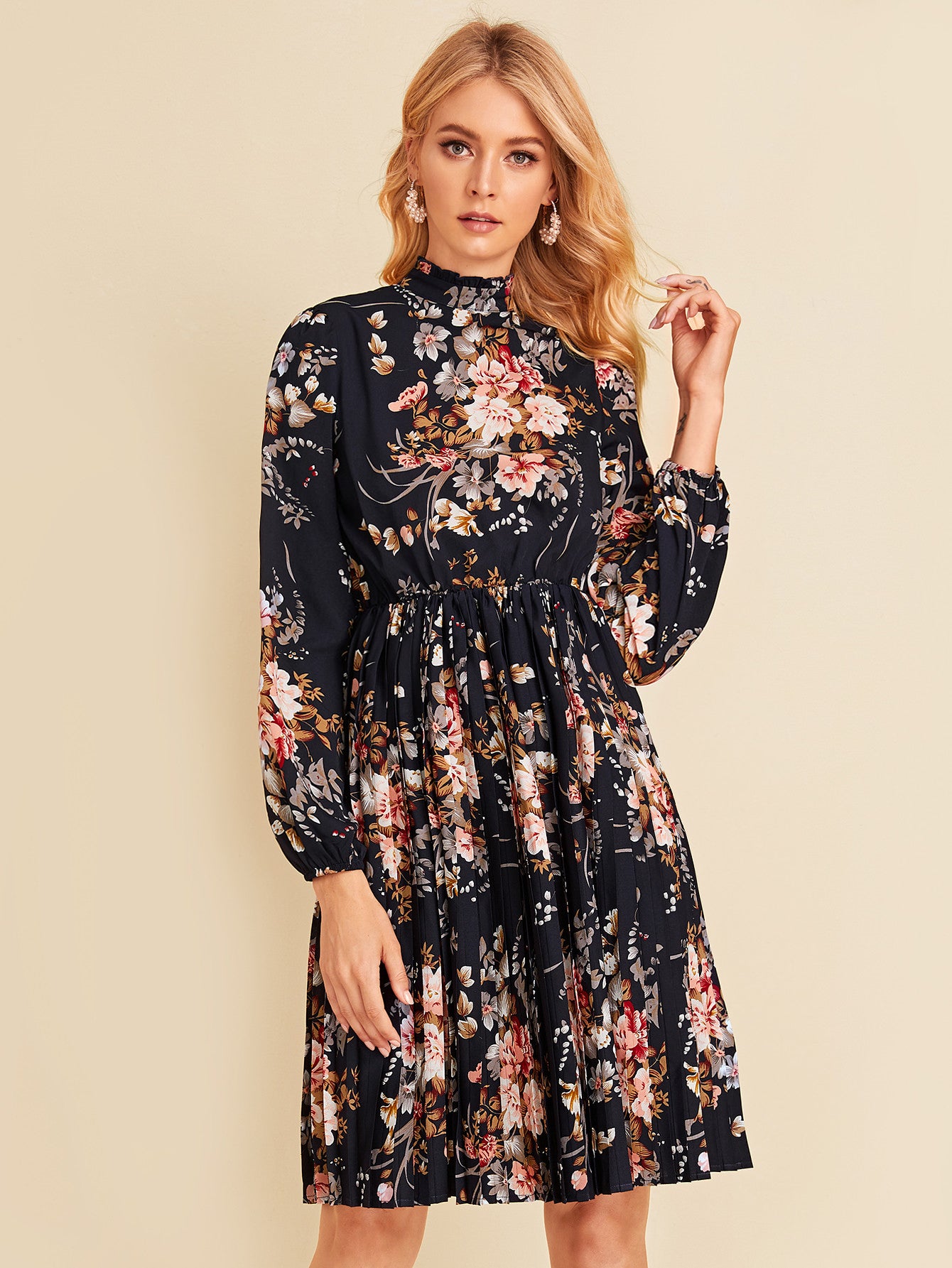 Mock Neck Botanical Print Pleated Dress