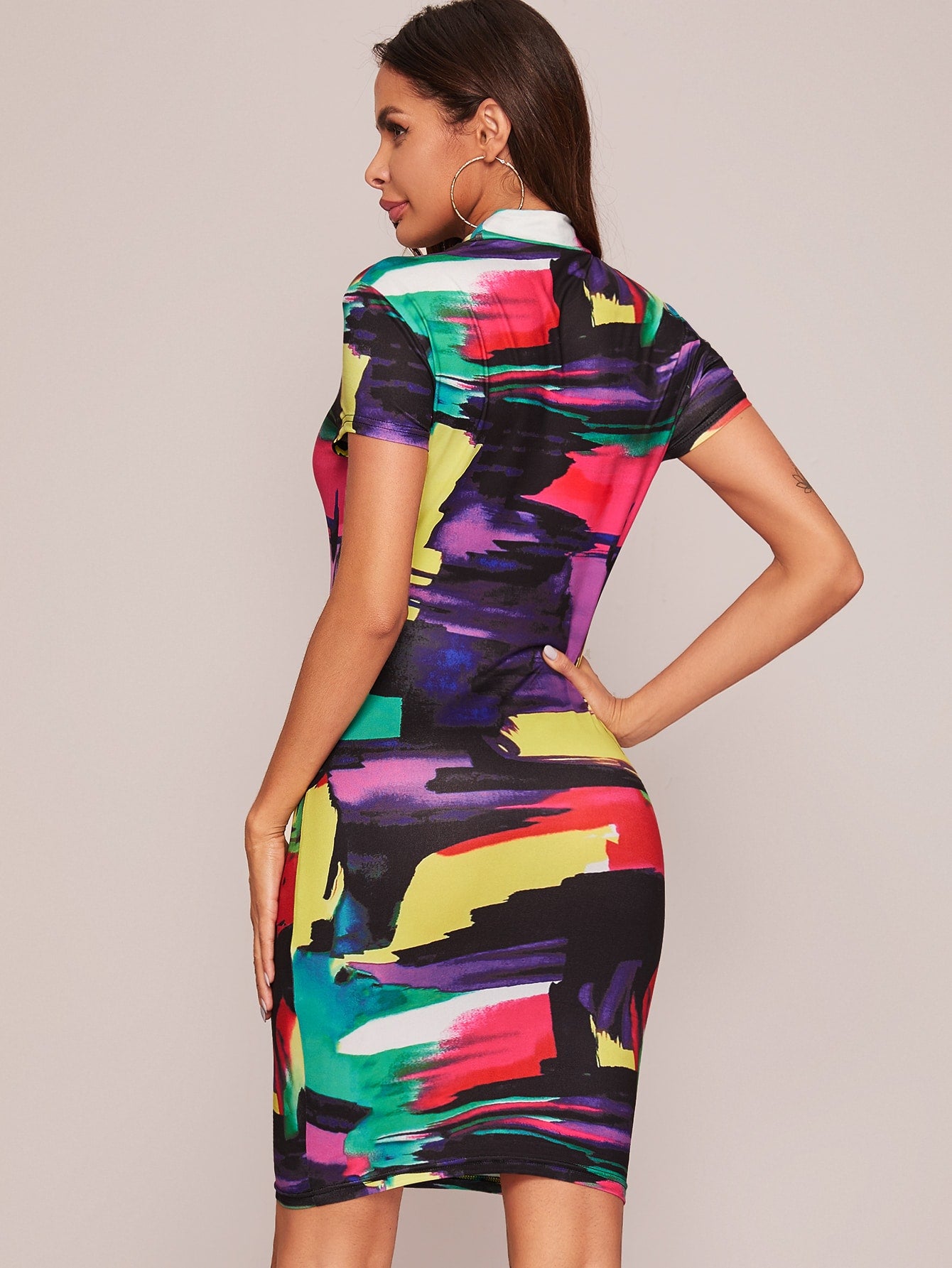 Mock-neck Brush Stroke Print Bodycon Dress