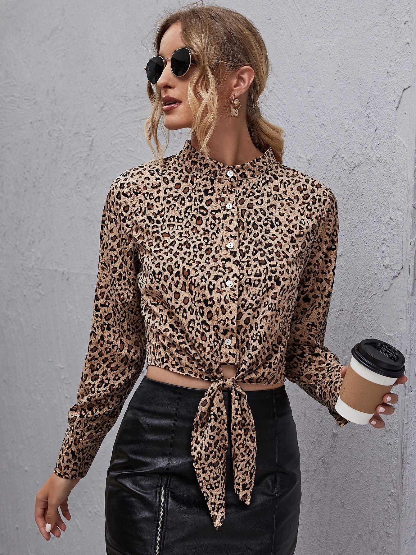 Mock Neck Button Front Tie Front Leopard Top