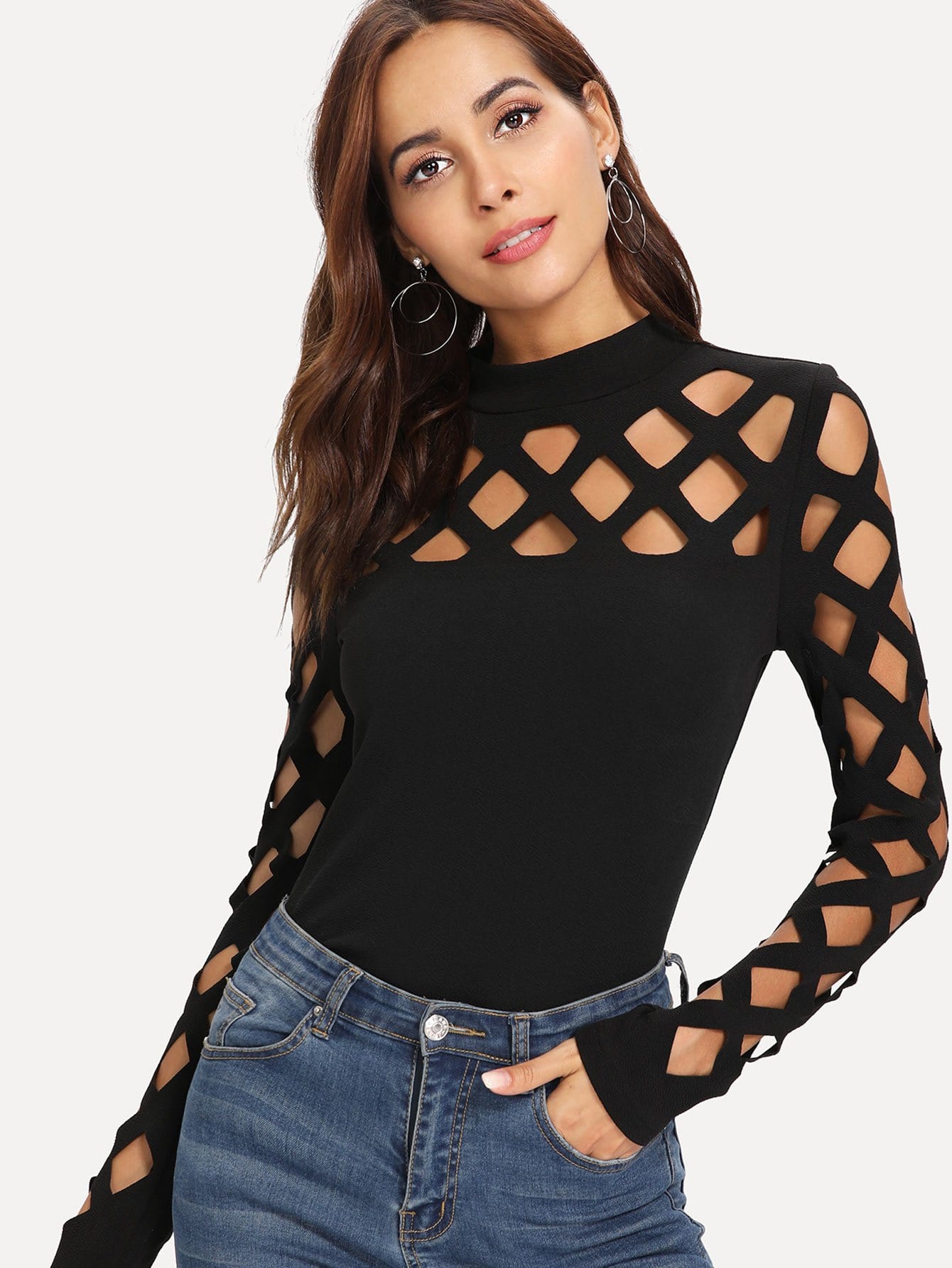 Mock Neck Cage Yoke & Sleeve Top