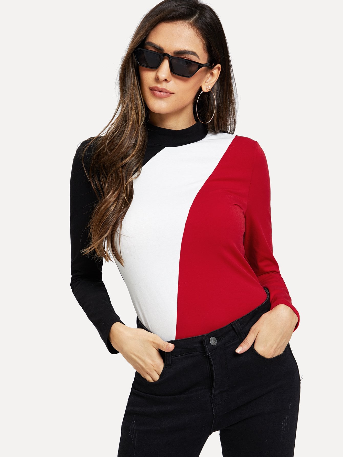 Mock Neck Color Block Slim Tee