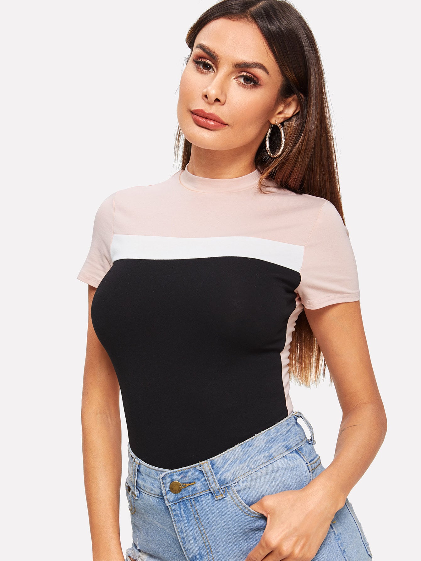 Mock-neck Color Block Tee