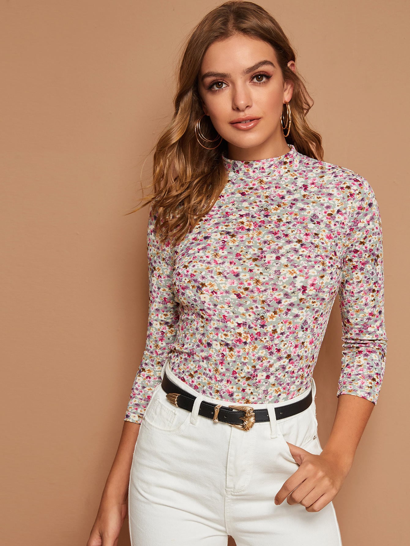 Mock-Neck Ditsy Floral Print Top