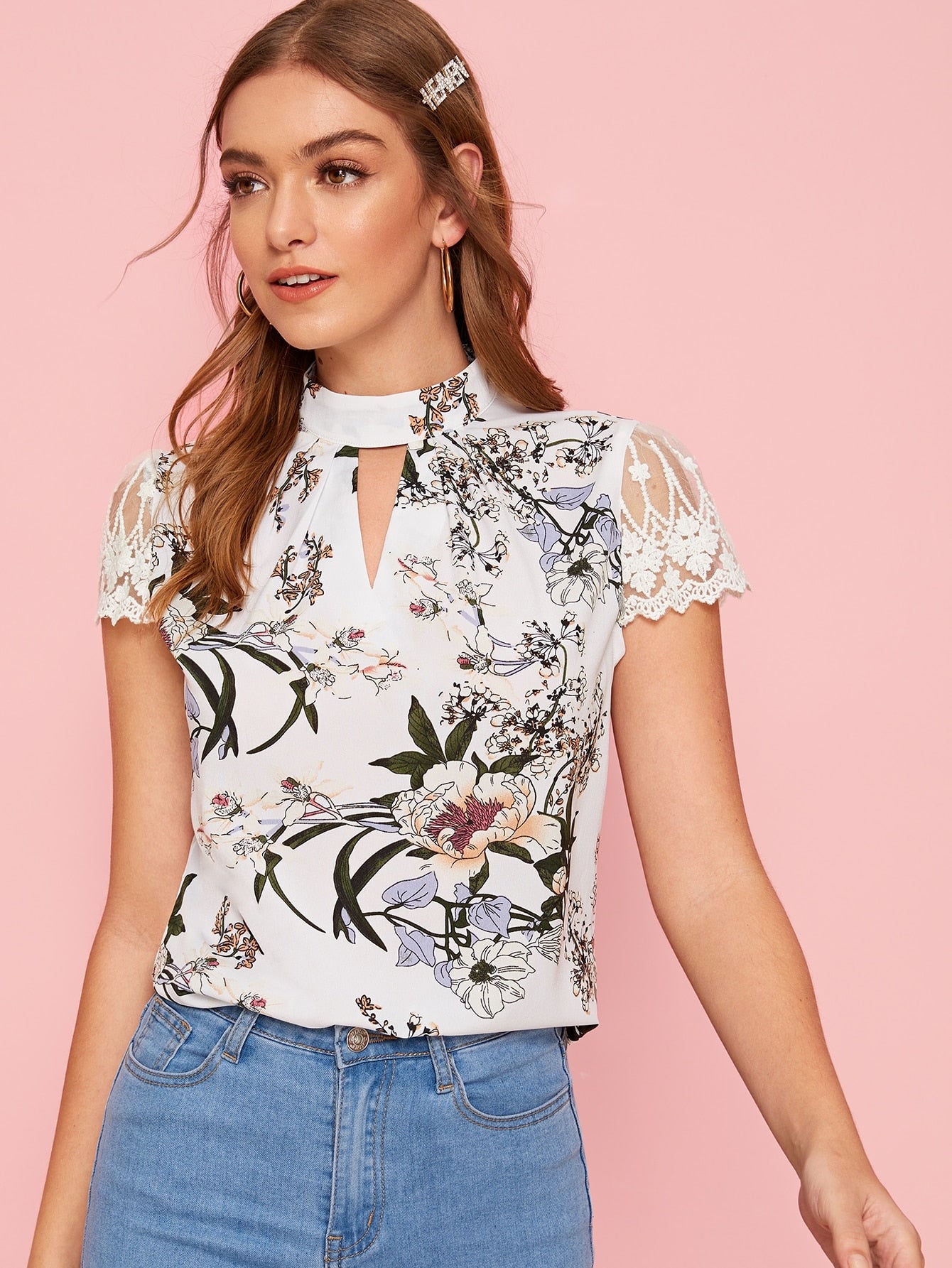 Mock-neck Embroidered Mesh Sleeve Peekaboo Floral Top