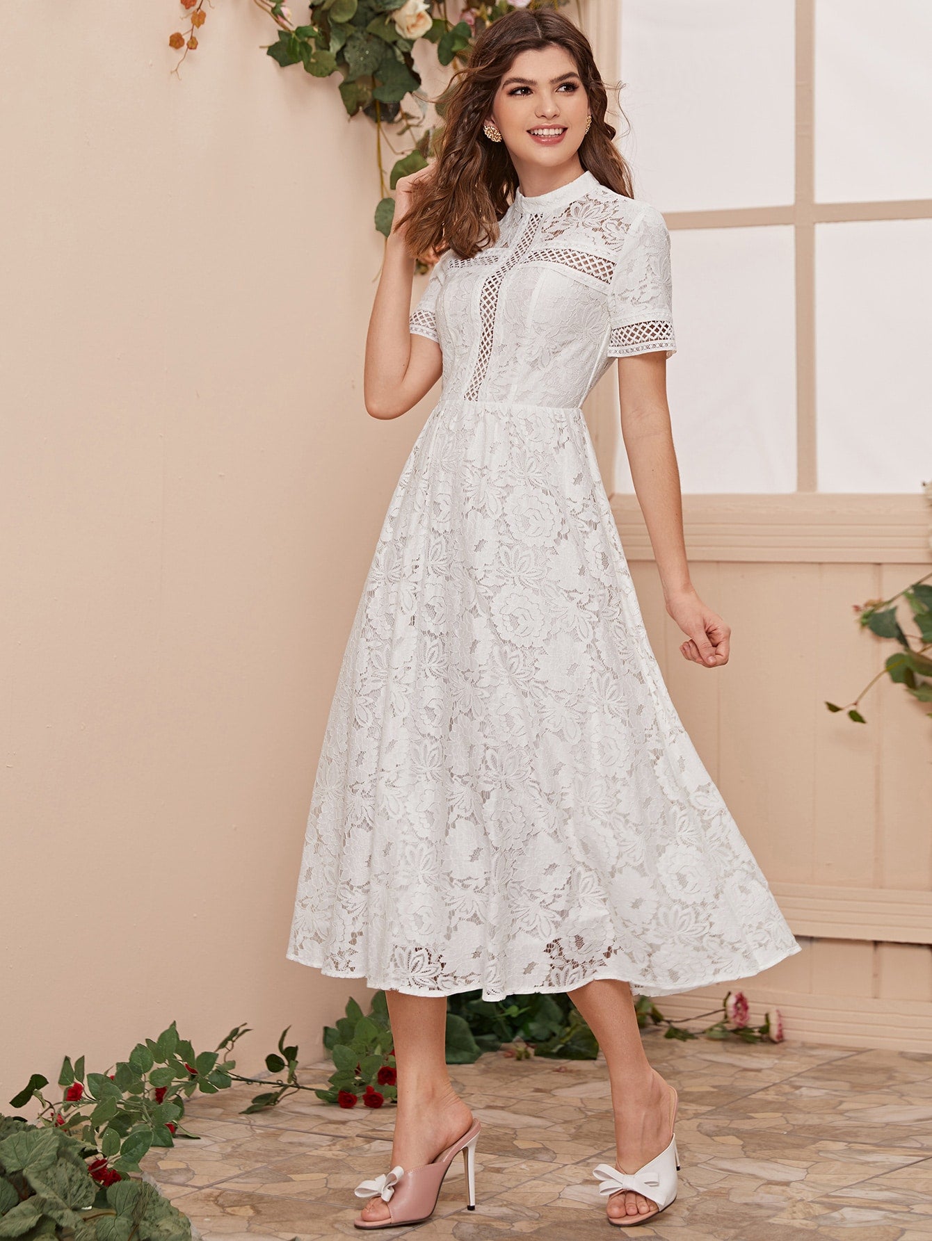 Mock Neck Eyelet Tape Insert Lace Dress