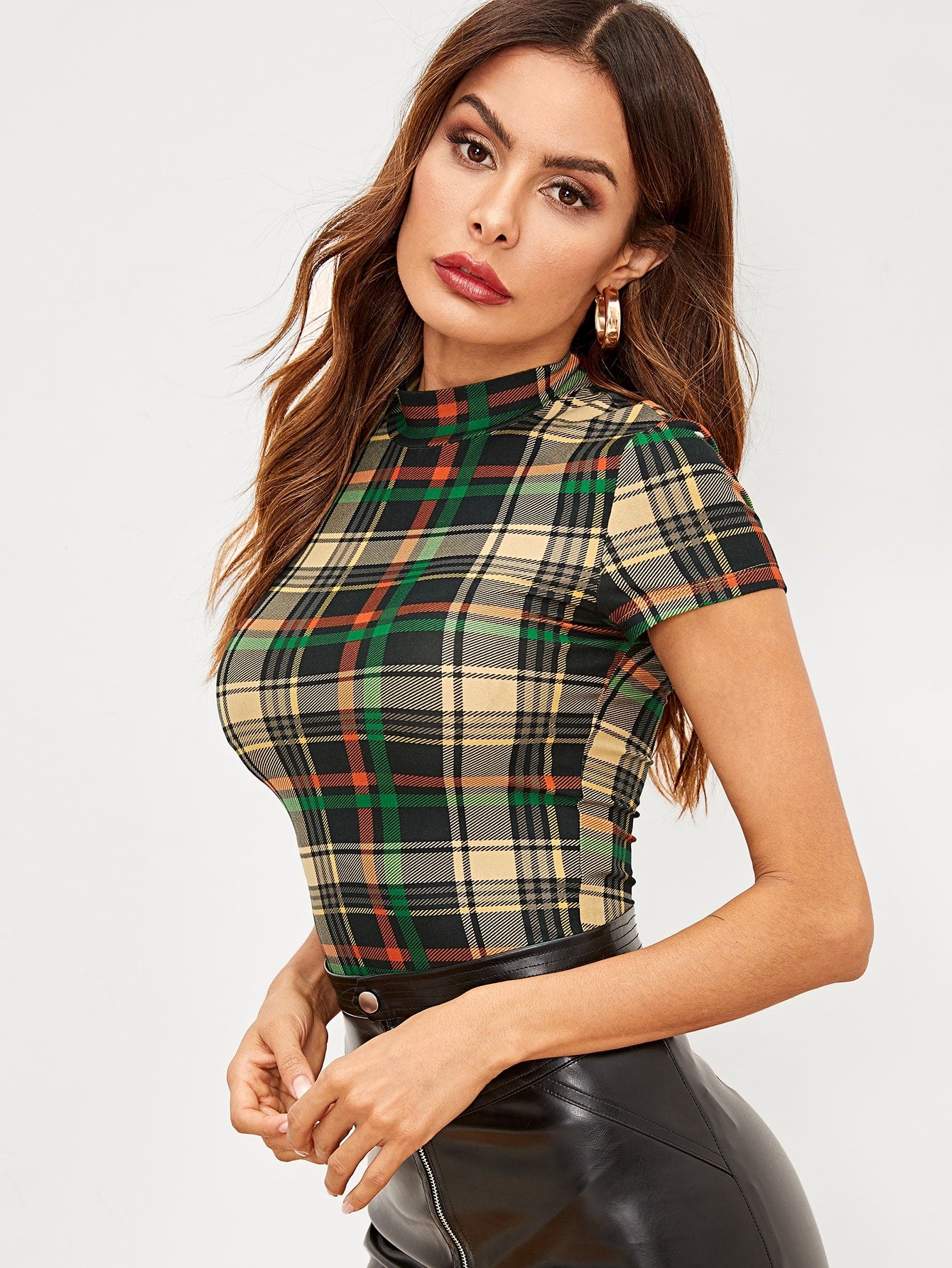 Mock-neck Fitted Tartan Tee