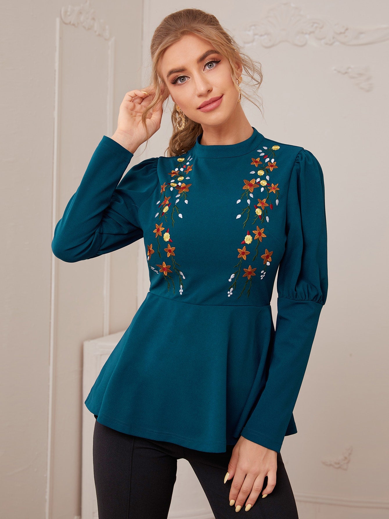 Mock-neck Floral Embroidered Gigot Sleeve Peplum Top