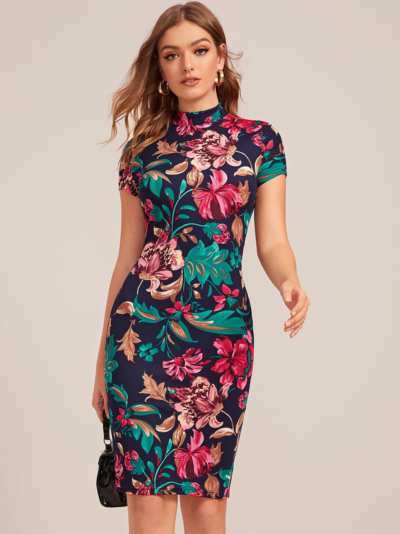 Mock-Neck Form Fitted Floral Print Dress