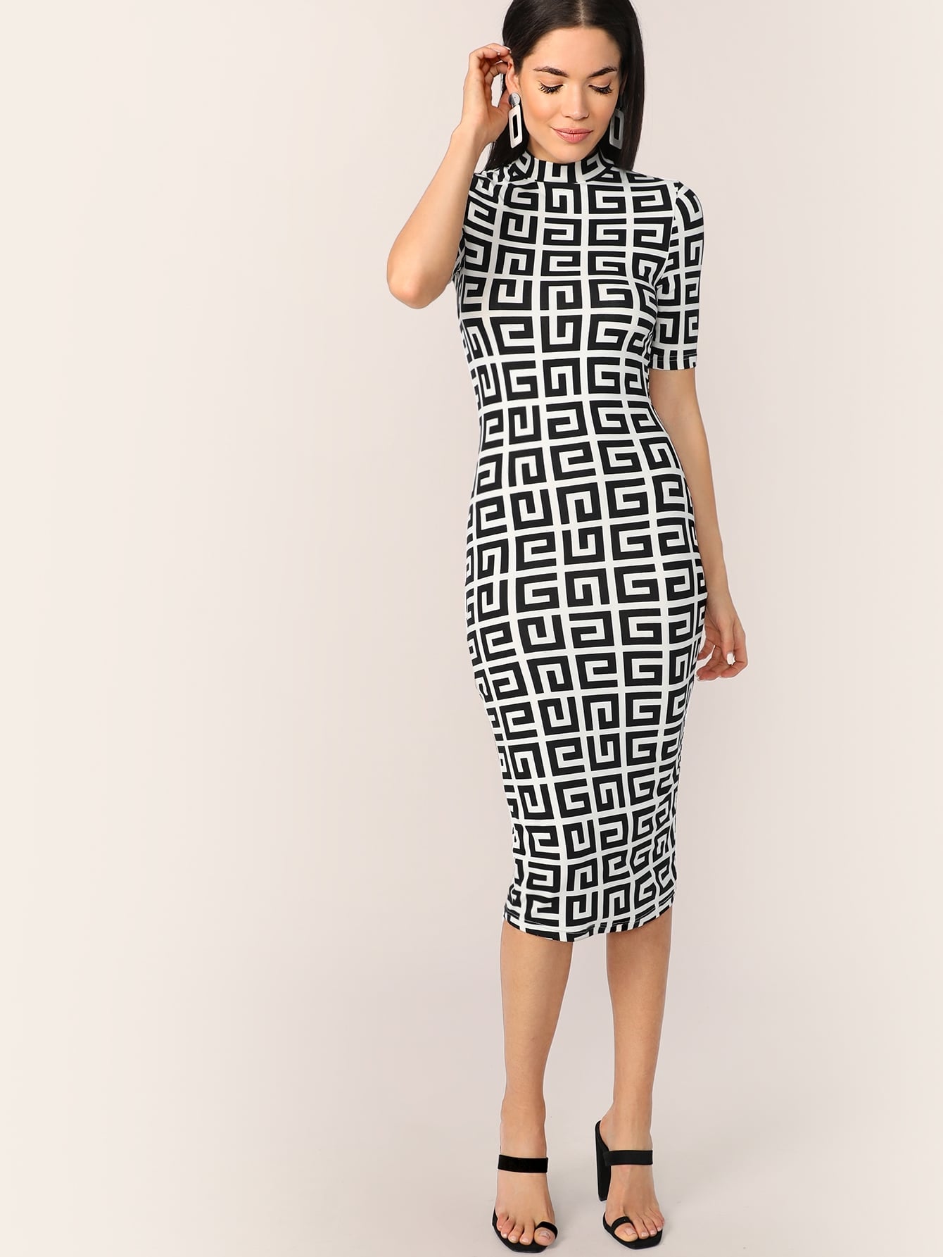 Mock-neck Greek Fret Fitted Pencil Dress