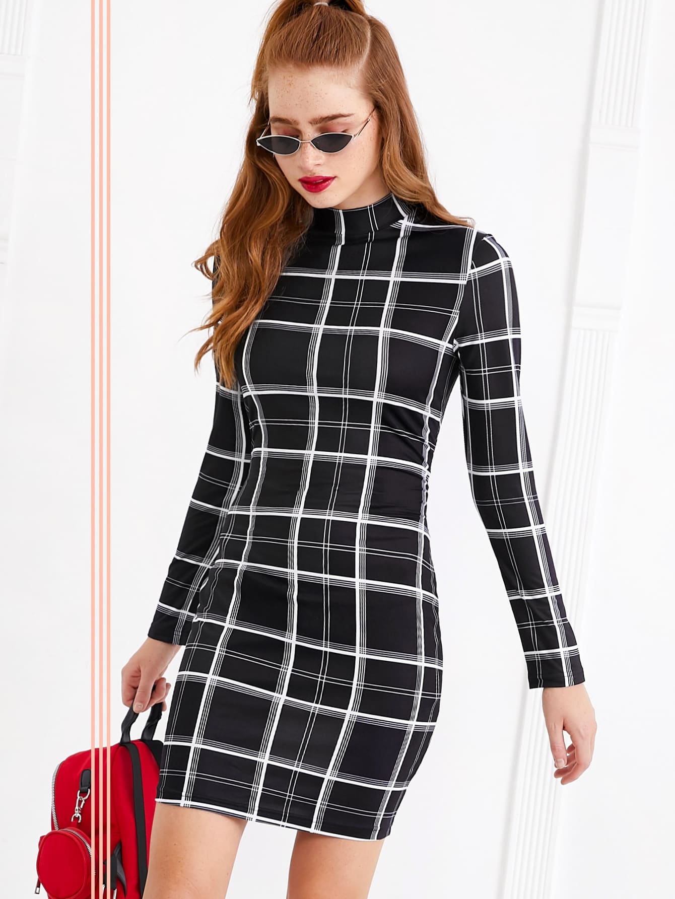 Mock Neck Grid Bodycon Dress