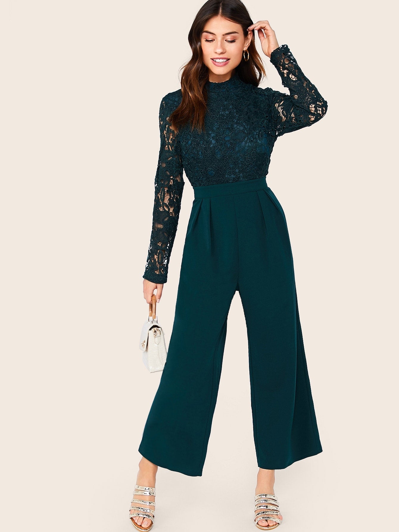 Mock-Neck Guipure Lace Bodice Pleated Detail Jumpsuit