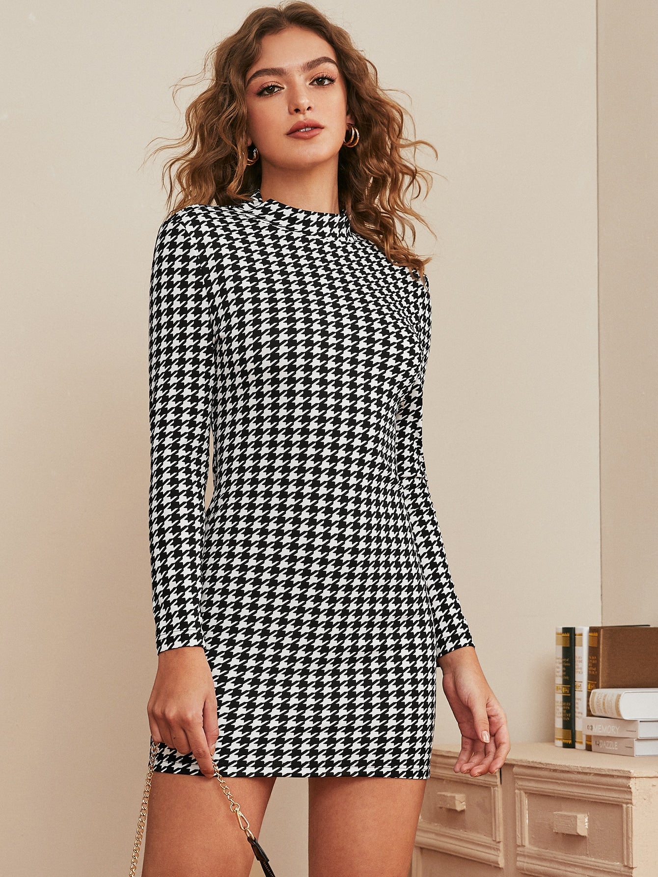 Mock Neck Houndstooth Fitted Dress