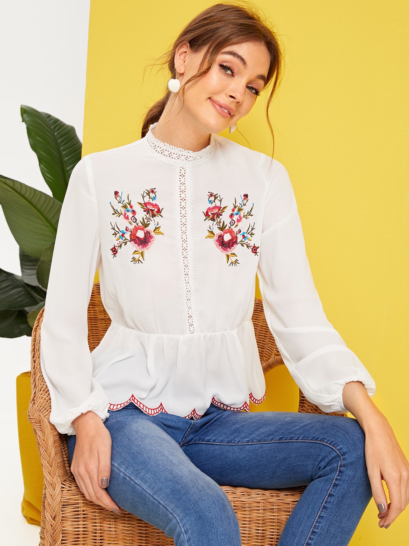 Mock-neck Lace Insert Embroidered Detail Top