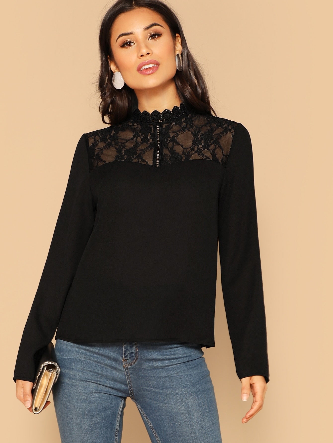 Mock Neck Lace Yoke Top