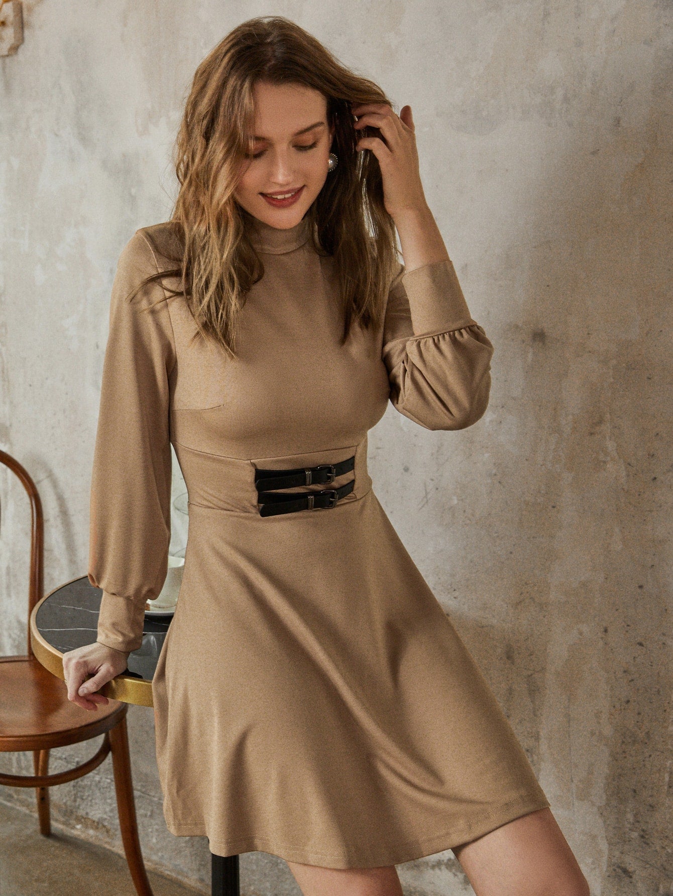 Mock Neck Lantern Sleeve Buckle Detail Dress