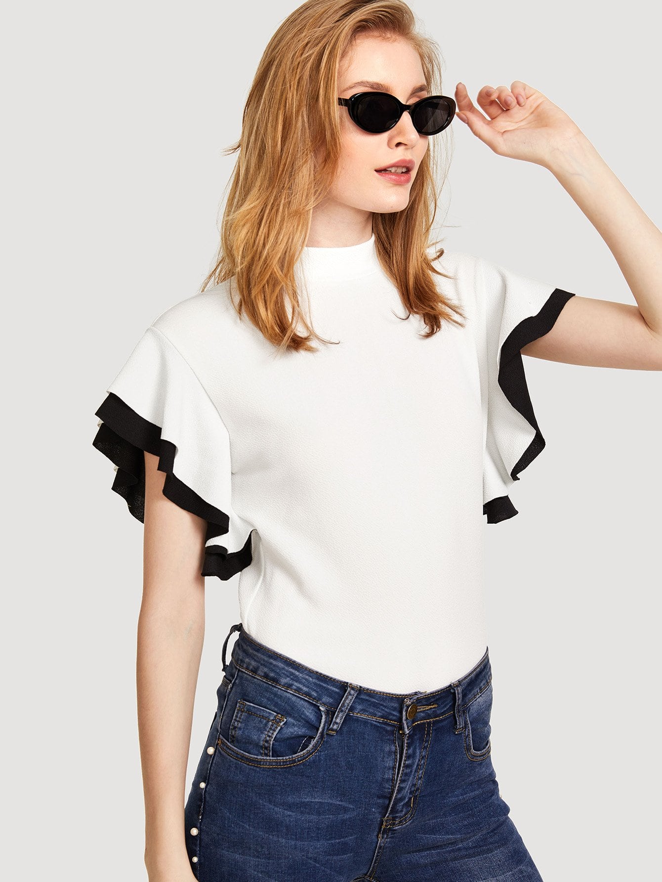 Mock Neck Layered Flutter Sleeve Top