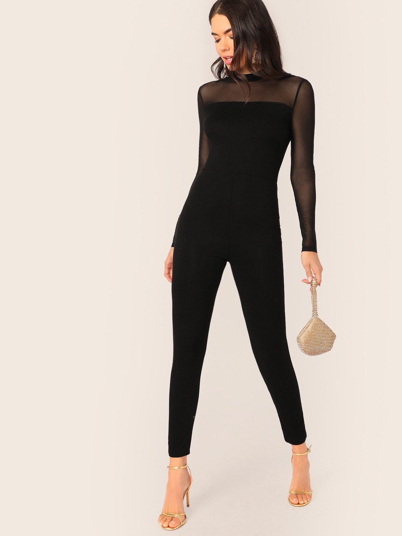 Mock-Neck Mesh Yoke and Shoulder Fitted Jumpsuit