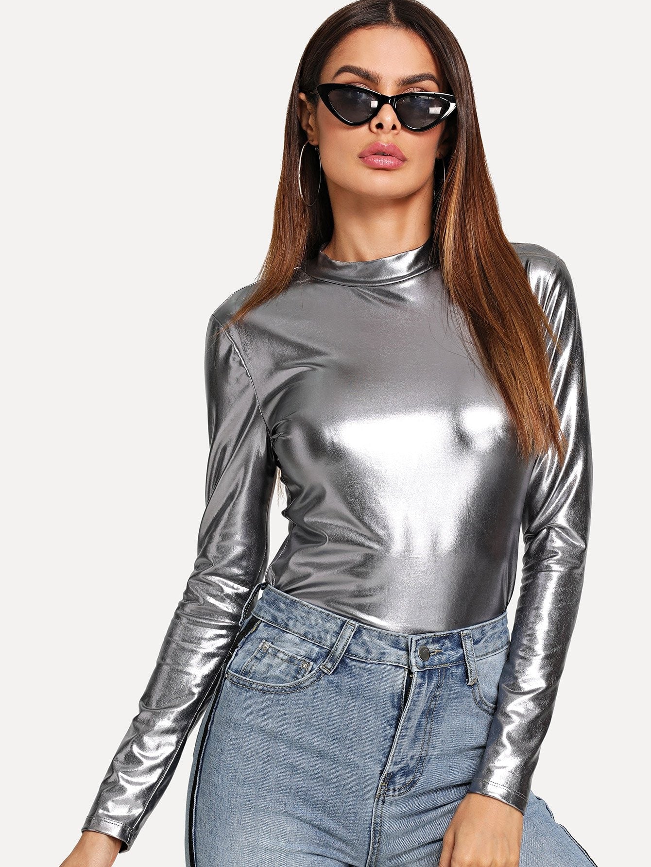 Mock Neck Metallic PU Tee